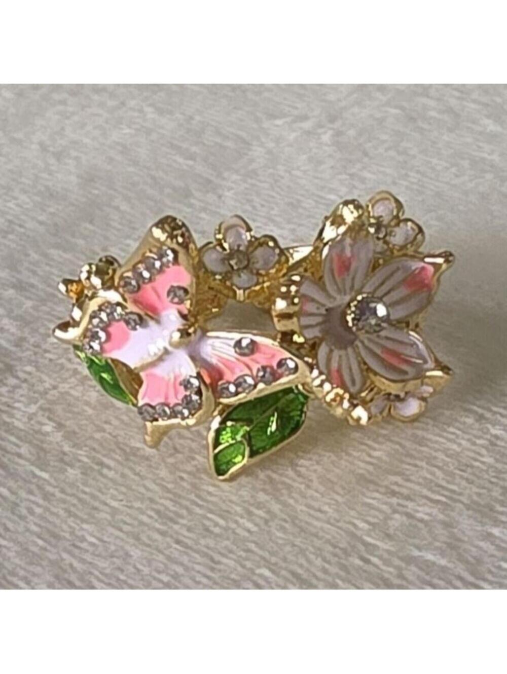 SALE  Gold Tone Adjustable Pink Enamel Butterfly & Flower Cocktail Ring Zirconia